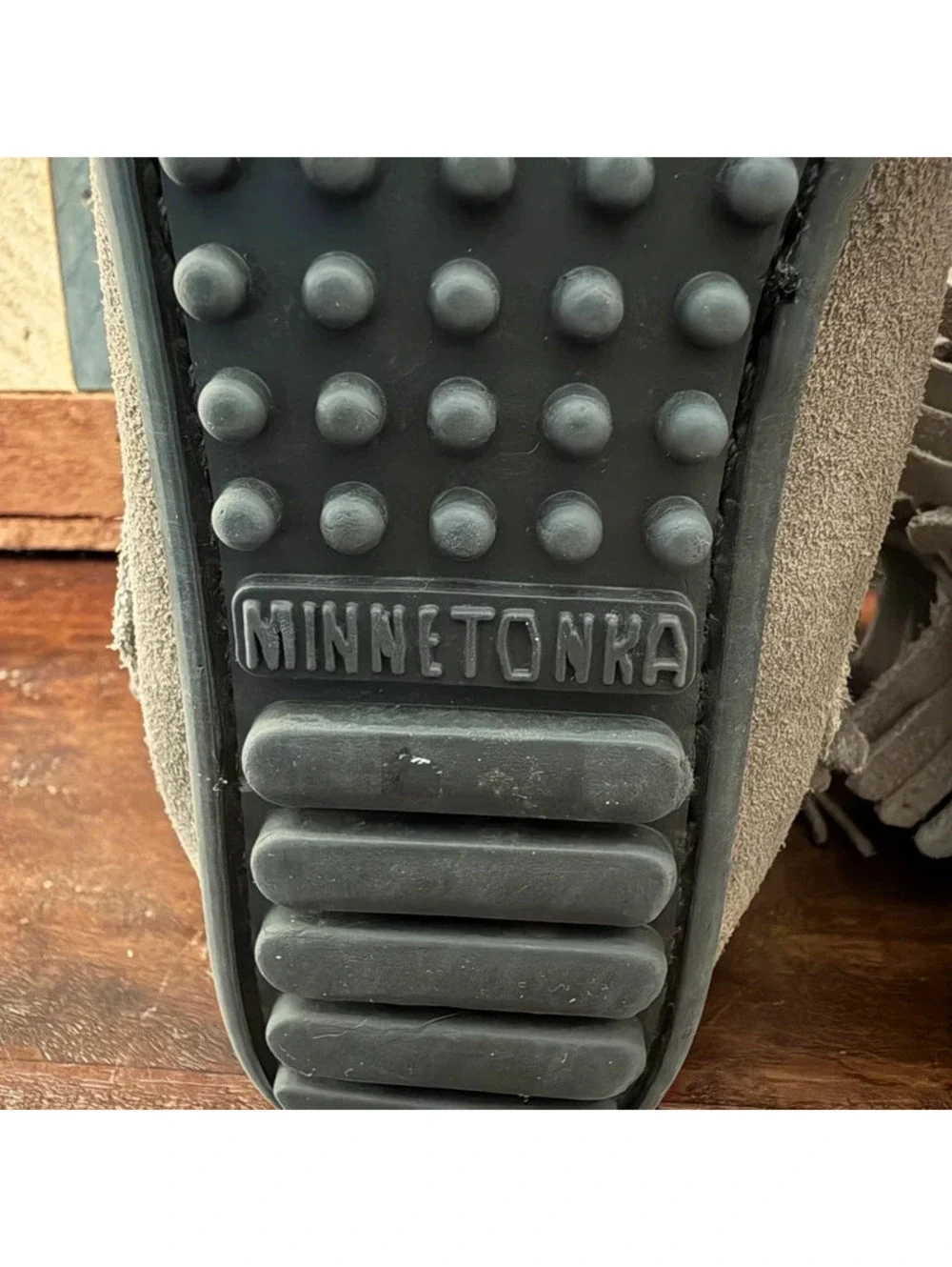 Minnetonka Women's Double Fringe Side Zip Suede Moccasin Boots Gray Size 8